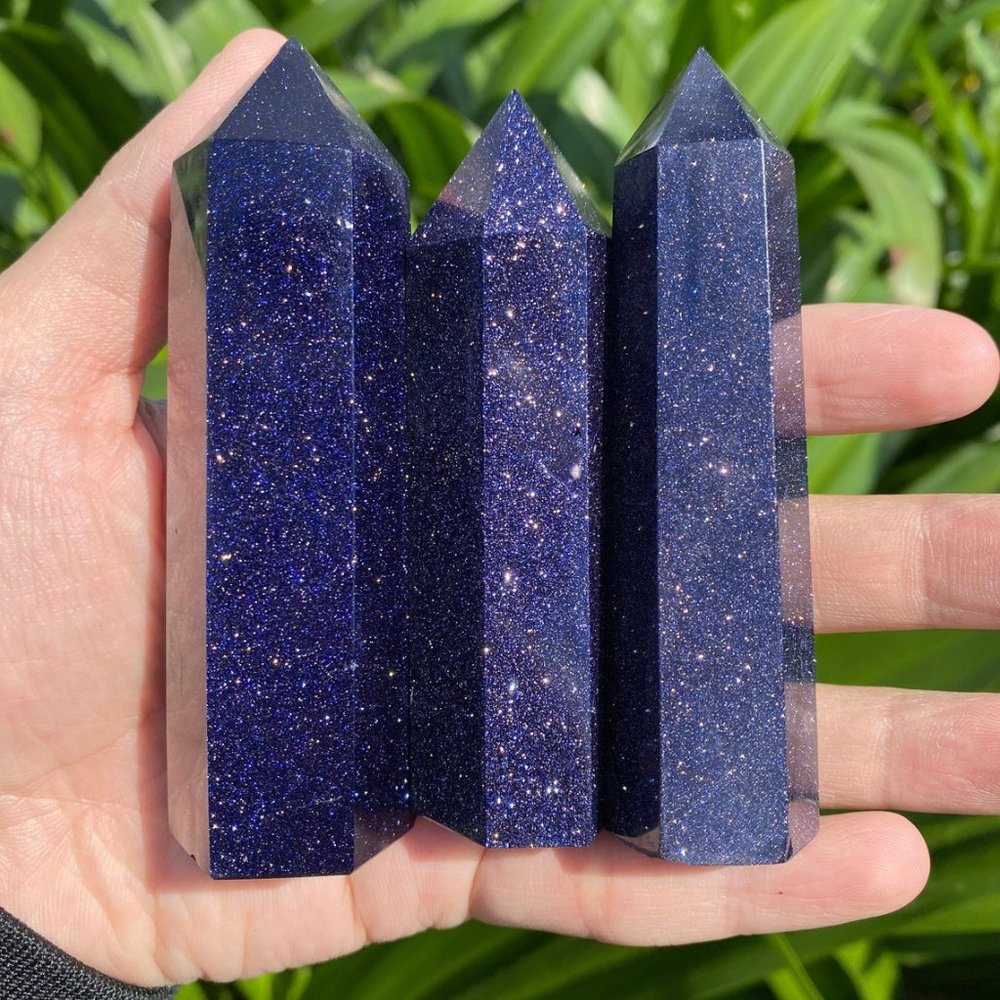 1 PCS 3 inch Blue Goldstone Point Obelisk Galaxy Space Crystal Tower Wand Decora